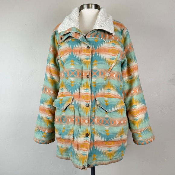 Faherty Women Bluegrass Faux Shearling Lined Jacket Coat Sz M Aztec Southwestern